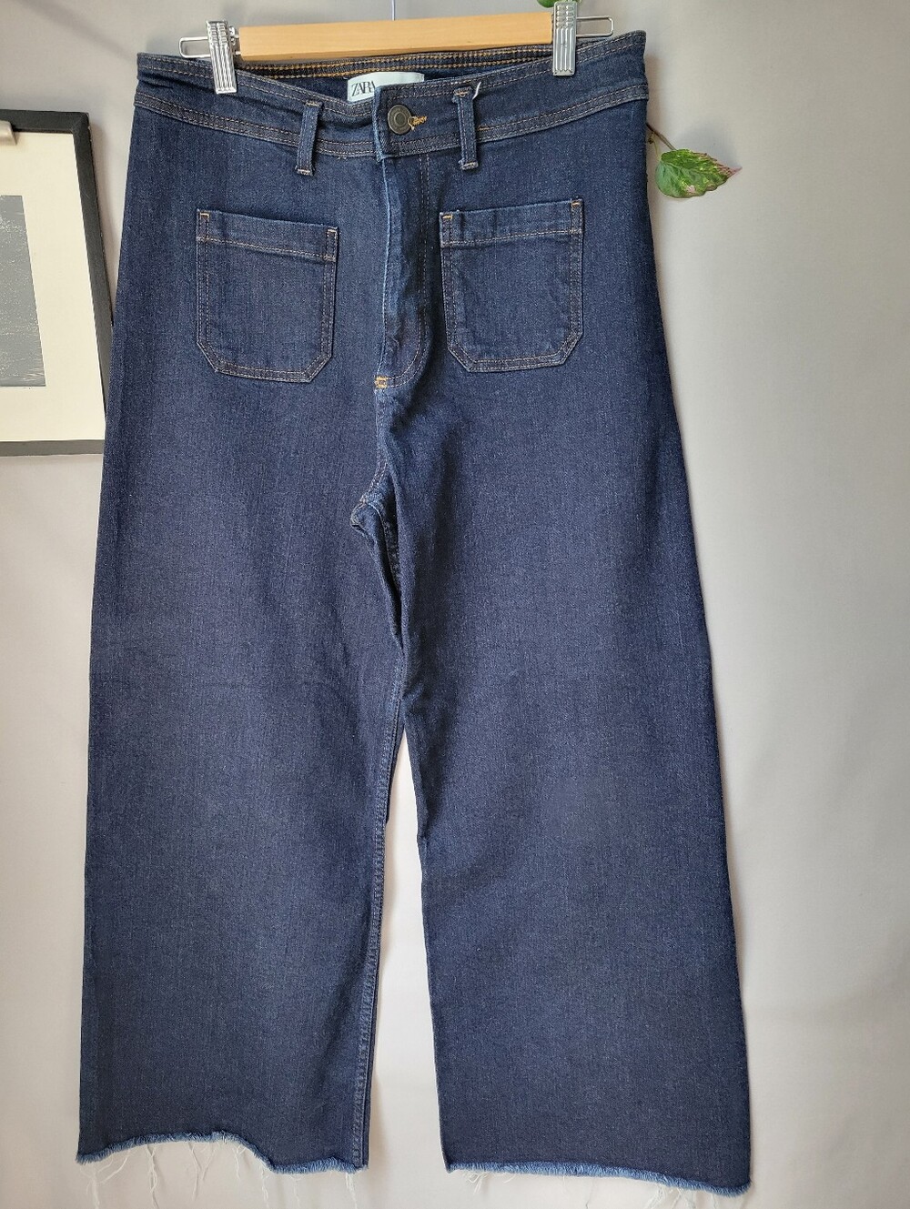 Zara Sailor High Rise Raw Edge Wide Leg Denim Jeans 12